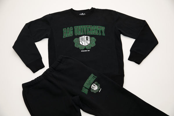 BAG UNIVERSITY Crewneck Jogger Outfit Black Green and White